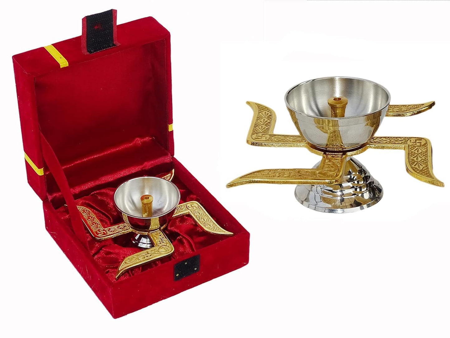 Premium Traditional Metal Swastik Diya with Royal Velvet Box for Pooja,Diwali,Home Decor,