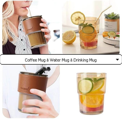 400 ml Glass Coffee Mug with Straw Coffee Cup with Leather Sleeve Mugs Gift Set