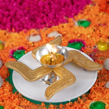 Premium Traditional Metal Swastik Diya with Royal Velvet Box for Pooja,Diwali,Home Decor,