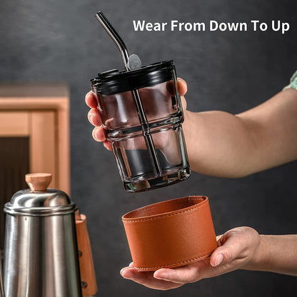 400 ml Glass Coffee Mug with Straw Coffee Cup with Leather Sleeve Mugs Gift Set