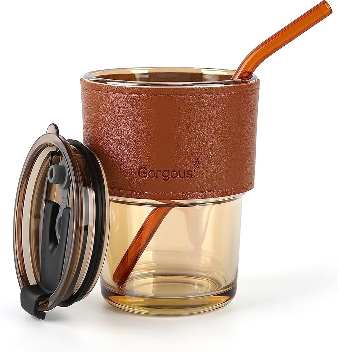 400 ml Glass Coffee Mug with Straw Coffee Cup with Leather Sleeve Mugs Gift Set