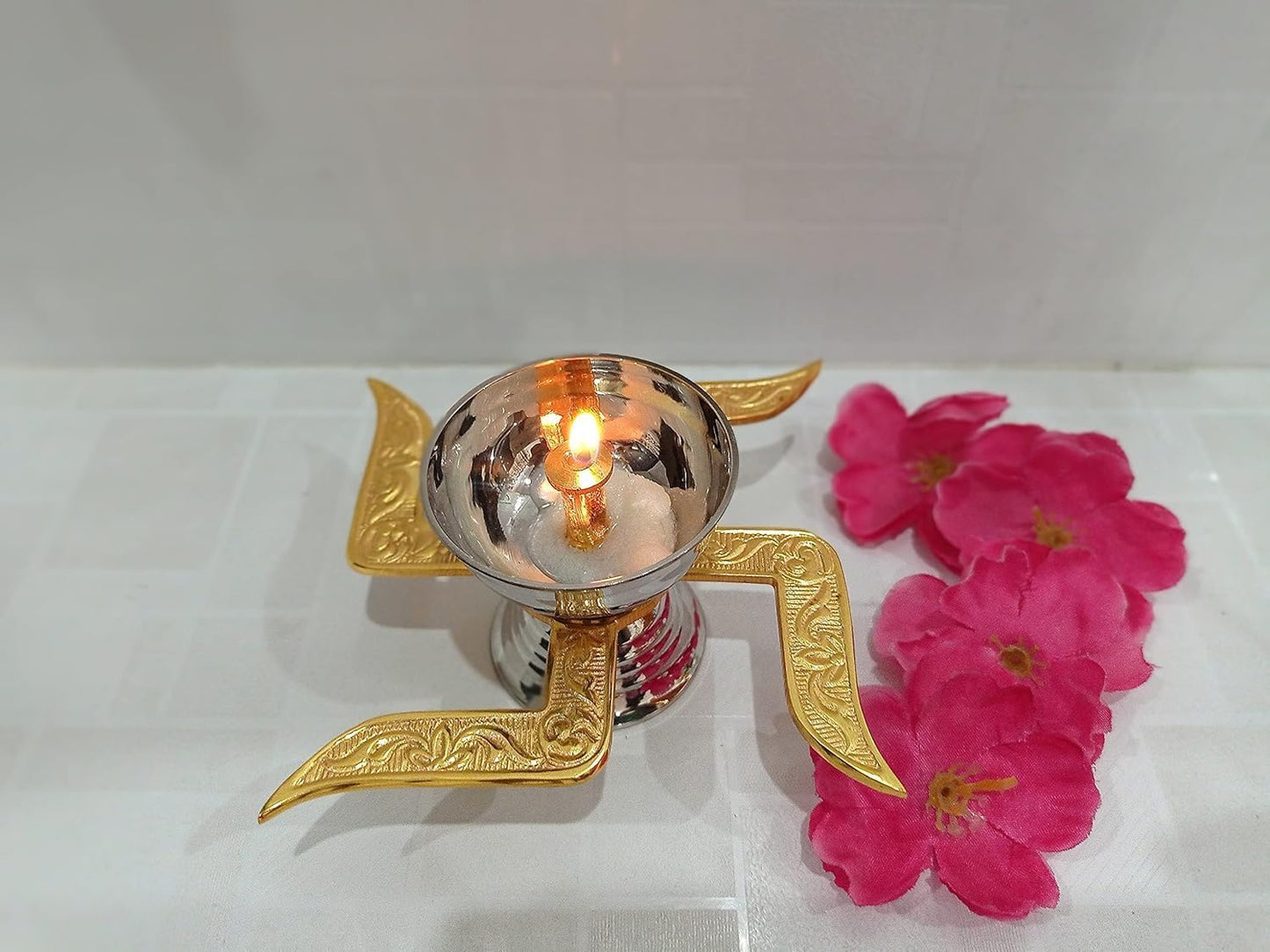 Premium Traditional Metal Swastik Diya with Royal Velvet Box for Pooja,Diwali,Home Decor,